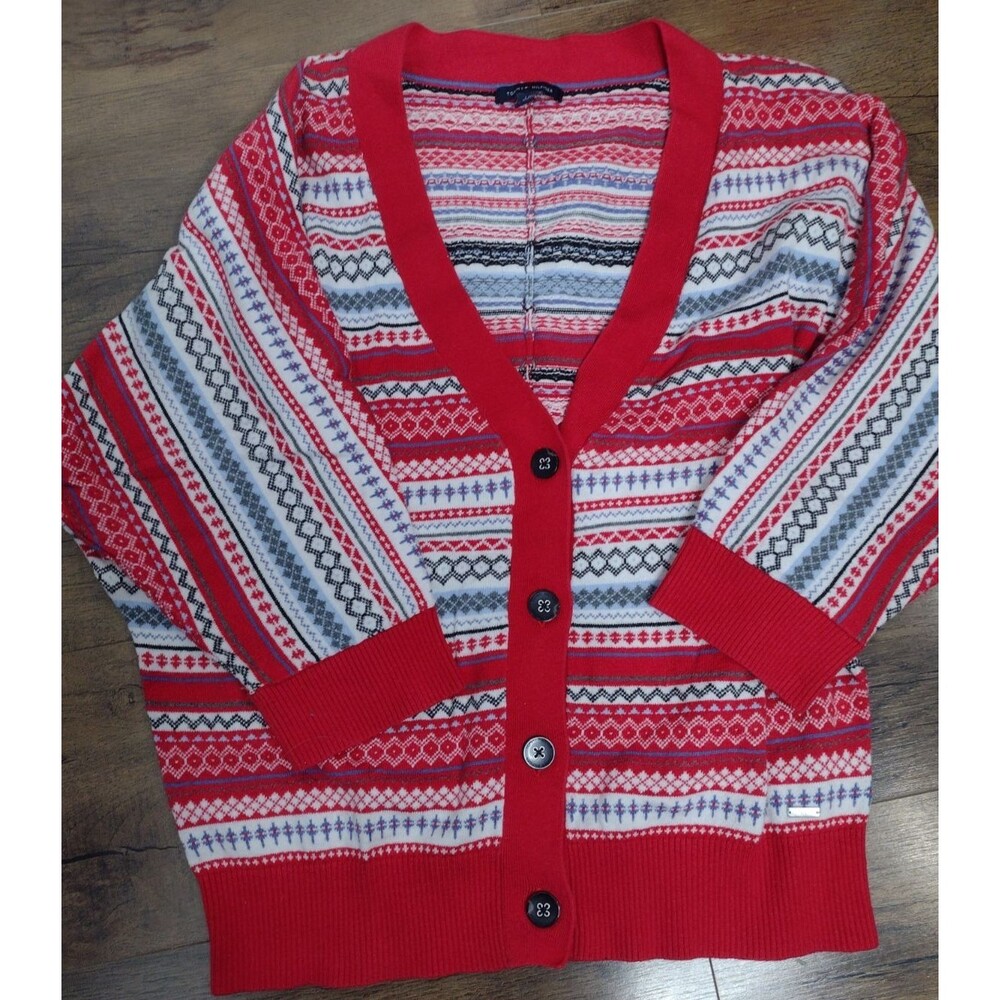Tommy Hilfiger Womens Large Red Fair Isle Cardigan Button Front Angora Blend